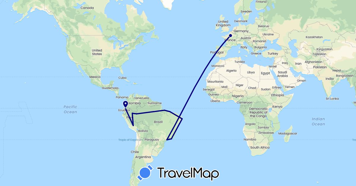 TravelMap itinerary: driving in Brazil, Ecuador, France, Peru (Europe, South America)
